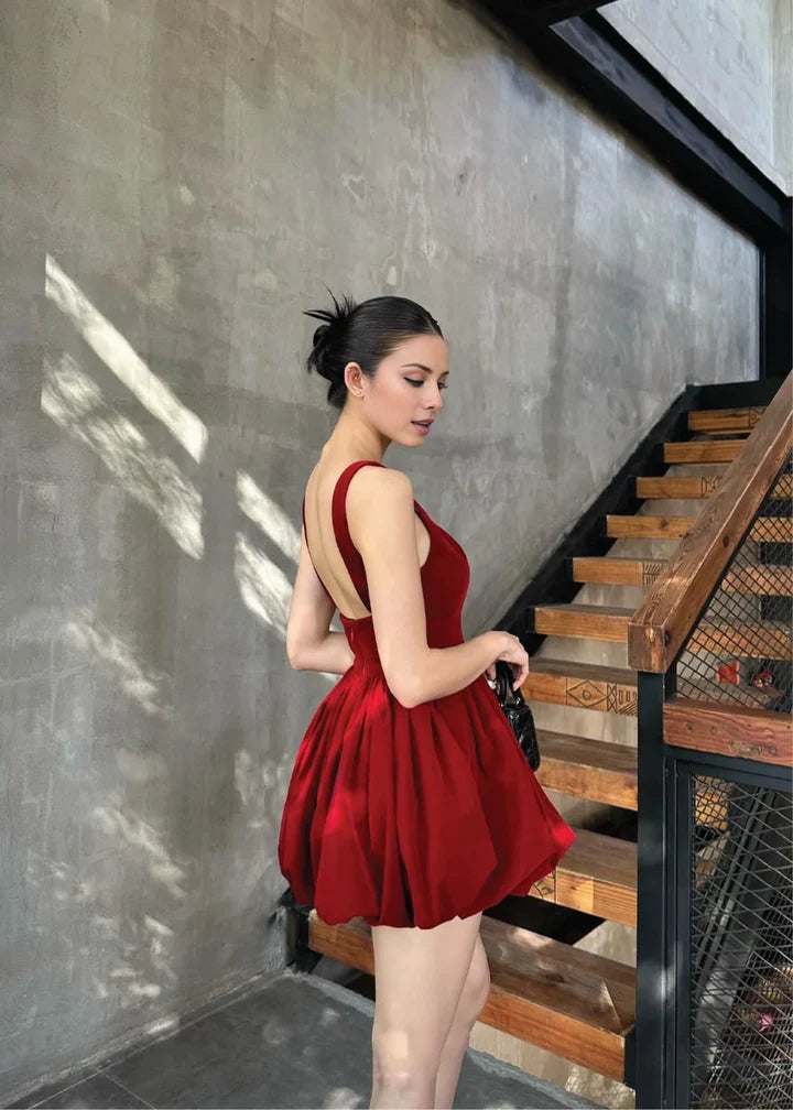 Flared Bubble Mini Square Neck Sleeveless Low Back Party Dress