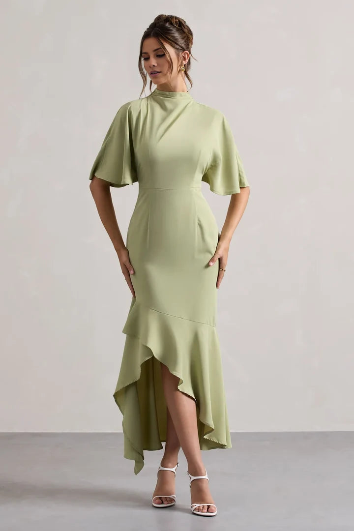 Sage Green High-Neck Cape-Sleeve Asymmetrical Ruffle-Hem Evening Dress