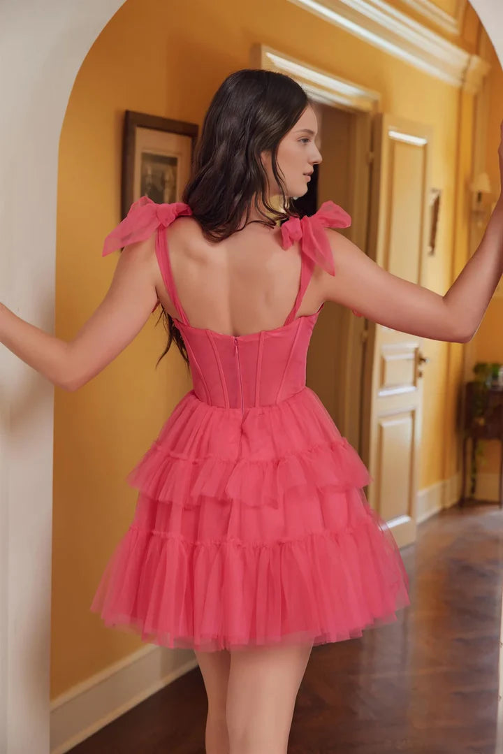 Pink A-Line Spaghetti Strap Corset Zipper Back Tiered Tulle Short Homecoming Dresses