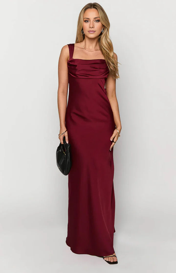 Wine Red Cowl-Neck Open-Back Satin Prom Dress