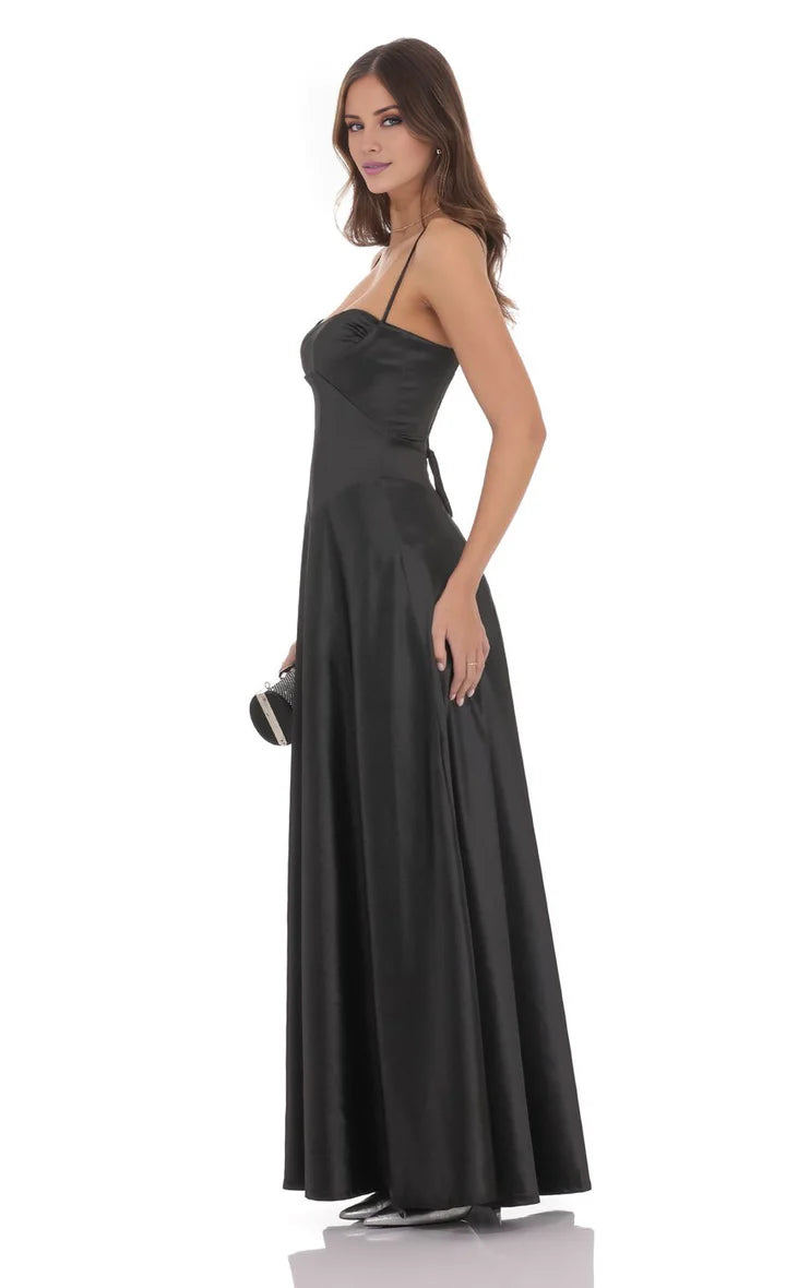 Black Satin Corset Lace-Up Open-Back Floor-Length Prom Dress