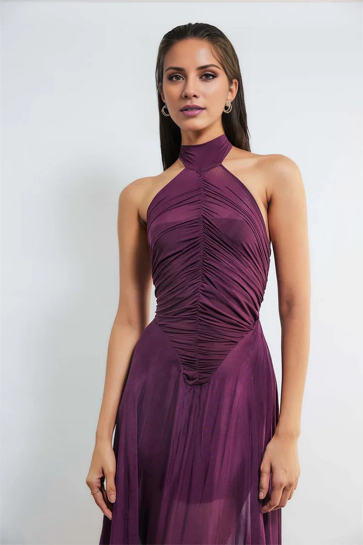 Plum Halter Neck Ruched Chiffon Prom Dress with Train