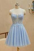 A-Line Square Neck Spaghetti Strap Lace Up Back Mini Homecoming Dresses