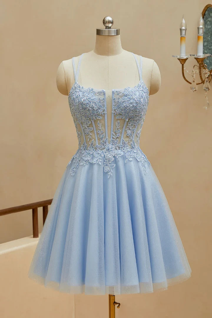 A-Line Square Neck Spaghetti Strap Lace Up Back Mini Homecoming Dresses