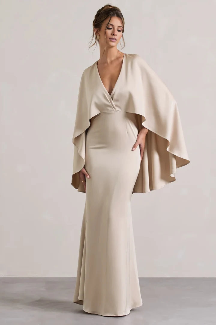 Champagne V-Neck Cape-Sleeve Mermaid Floor-Length Evening Dress
