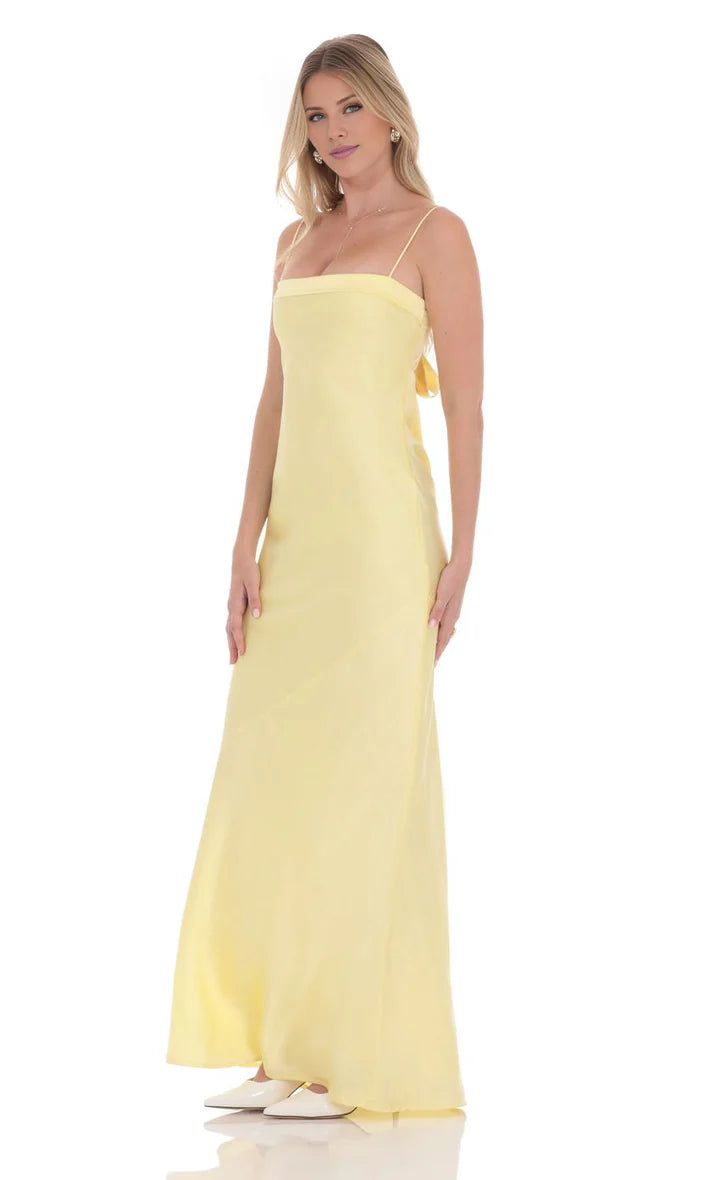 Lemon Yellow Spaghetti Strap Bow-Back Floor-Length Prom Dress