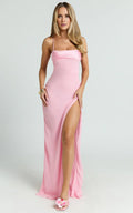 Pink Spaghetti-Strap Lace-Up Back High-Slit Prom Dress