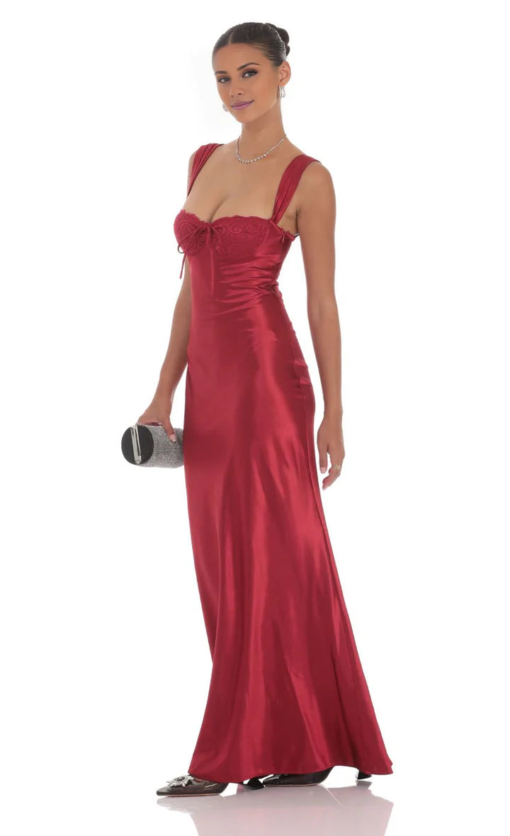 Red Satin Lace-Trim Bustier Prom Dress