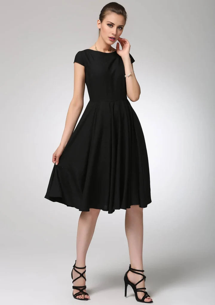 Classic A-Line Midi Boat Neck Cap Sleeve Zipper Back Party Dress