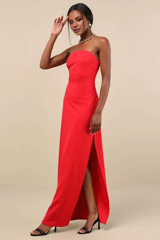 Red Strapless High-Slit Floor-Length Prom Dress