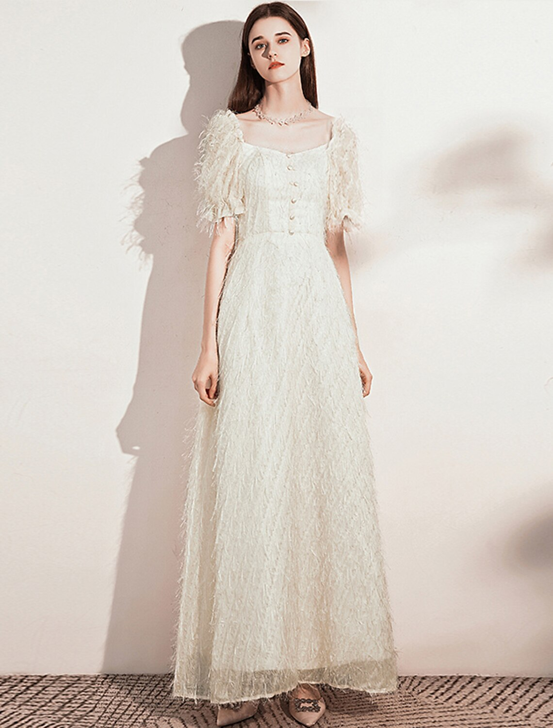Evening Gown Dress Wedding Guest Floor Length Short Sleeve Scoop Neck with Buttons