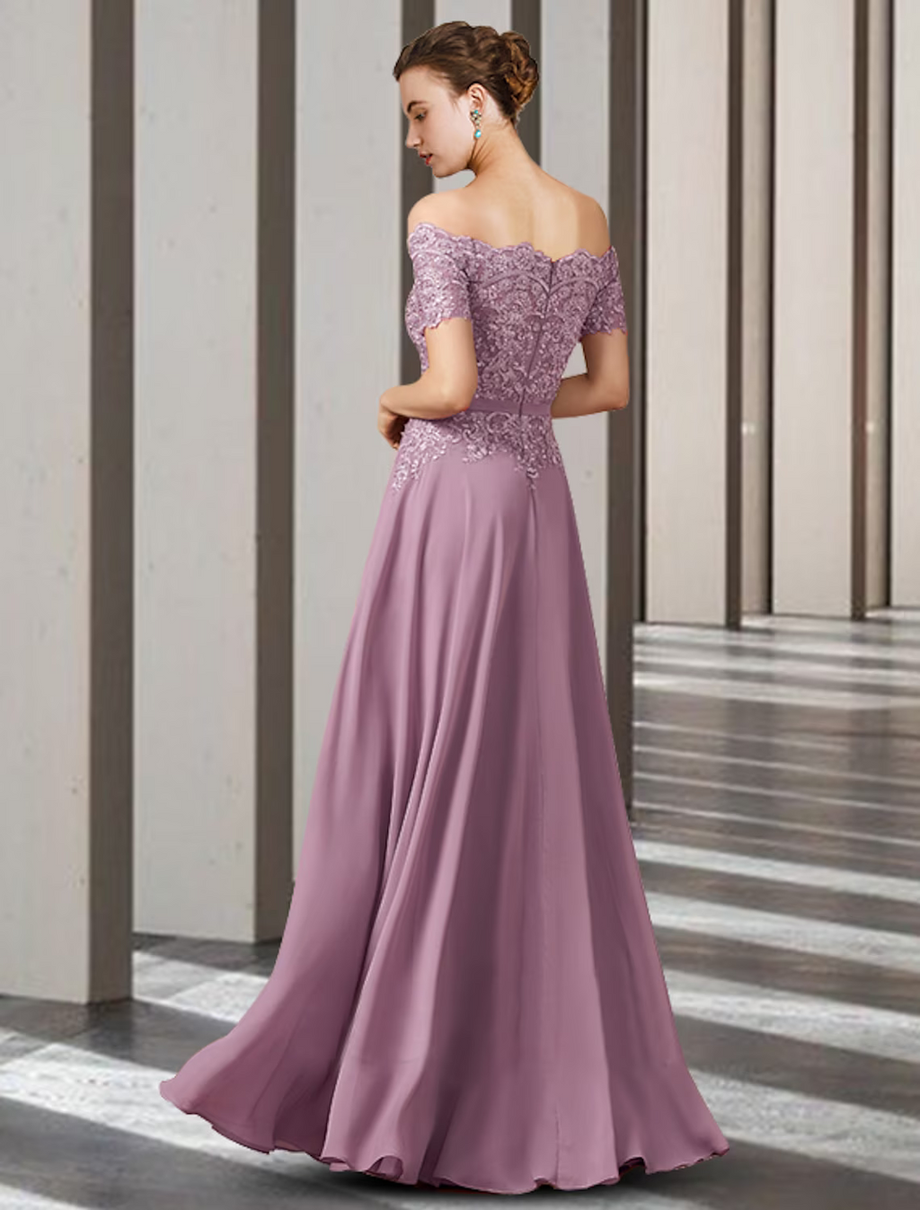 Mother of the Bride Dress Elegant Off Shoulder Floor Length Short Sleeve with Appliques