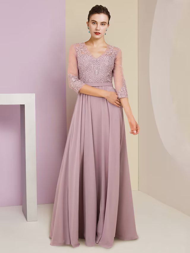 Mother of the Bride Dress Formal Wedding Guest Elegant V Neck Floor Length Sleeve with Pleats Appliques