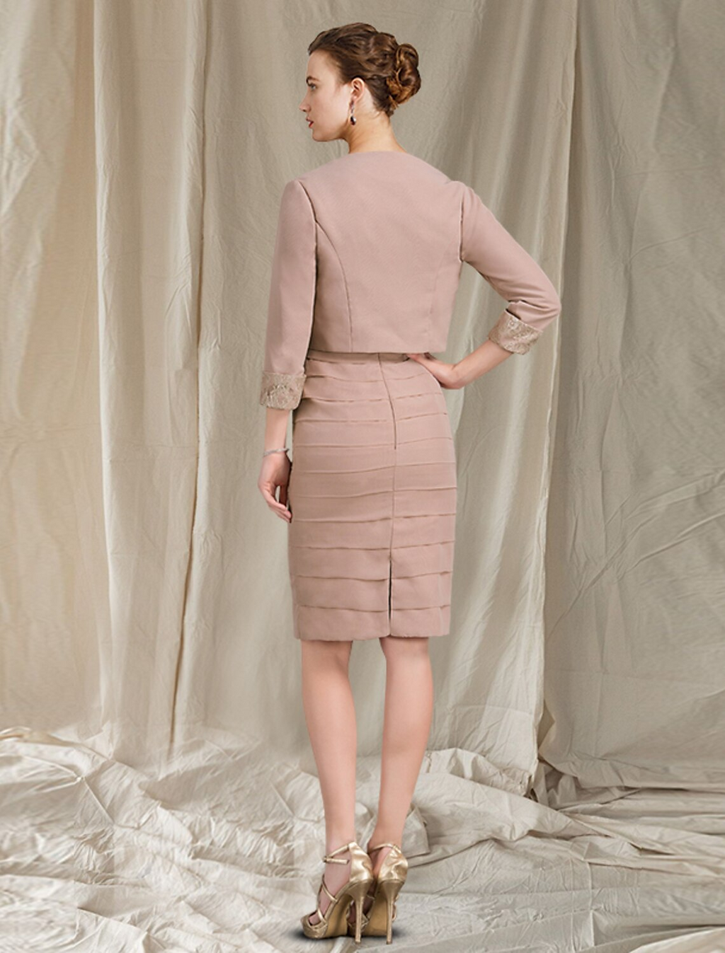 Two Piece Mother of the Bride Dress Church Elegant Knee Length Short Sleeve Wrap Included with Tier
