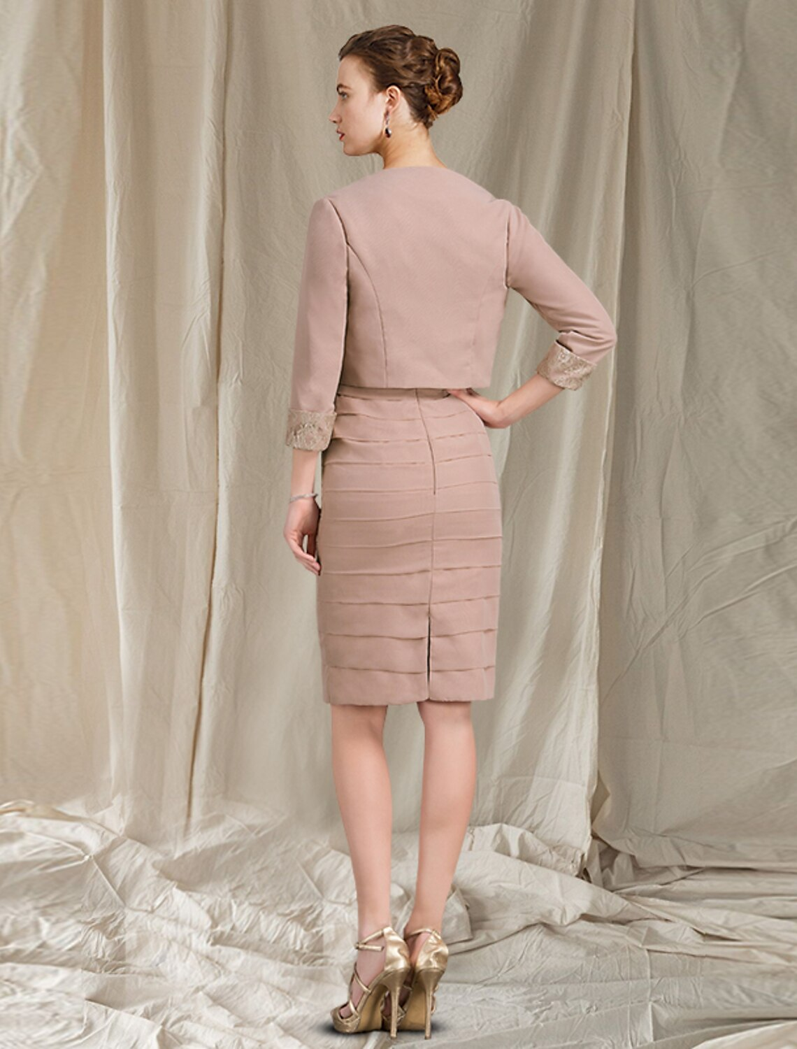 Two Piece Mother of the Bride Dress Church Elegant Knee Length Short Sleeve Wrap Included with Tier