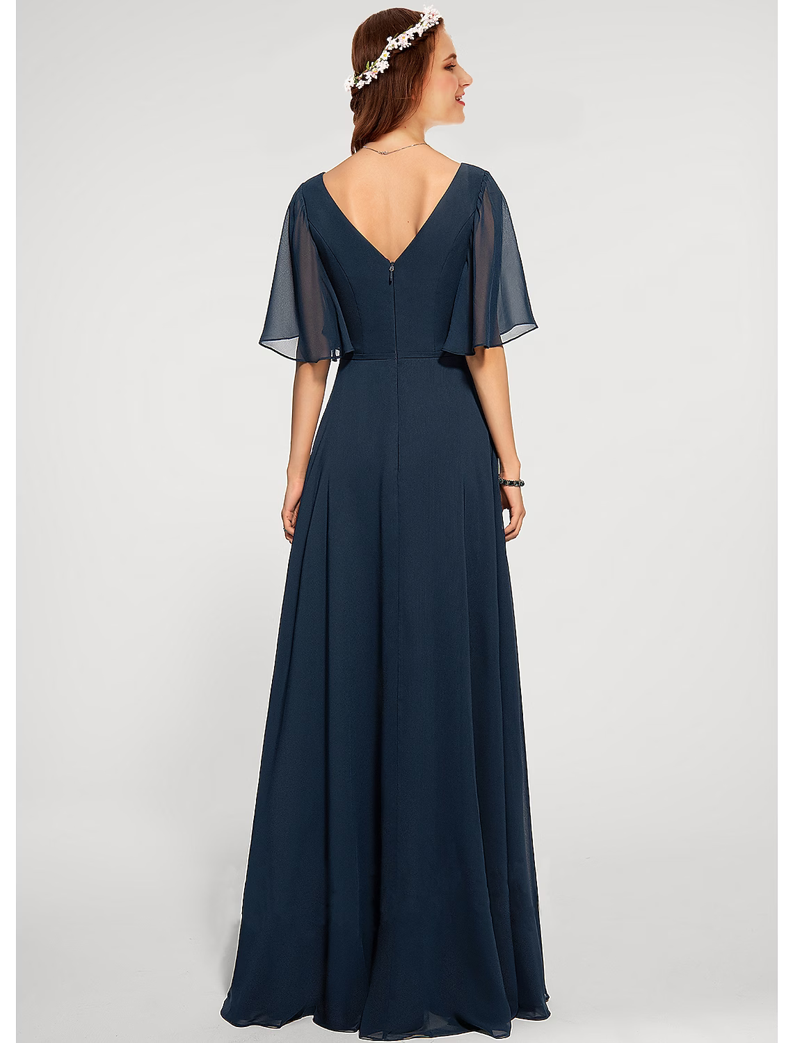 Evening Gown Dress Wedding Guest Floor Length Half Sleeve V Neck V Back with Sleek Slit