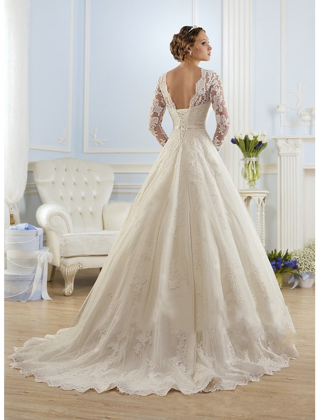 Engagement Formal Wedding Dresses Court Train A-Line Long Sleeve Jewel Neck With Appliques