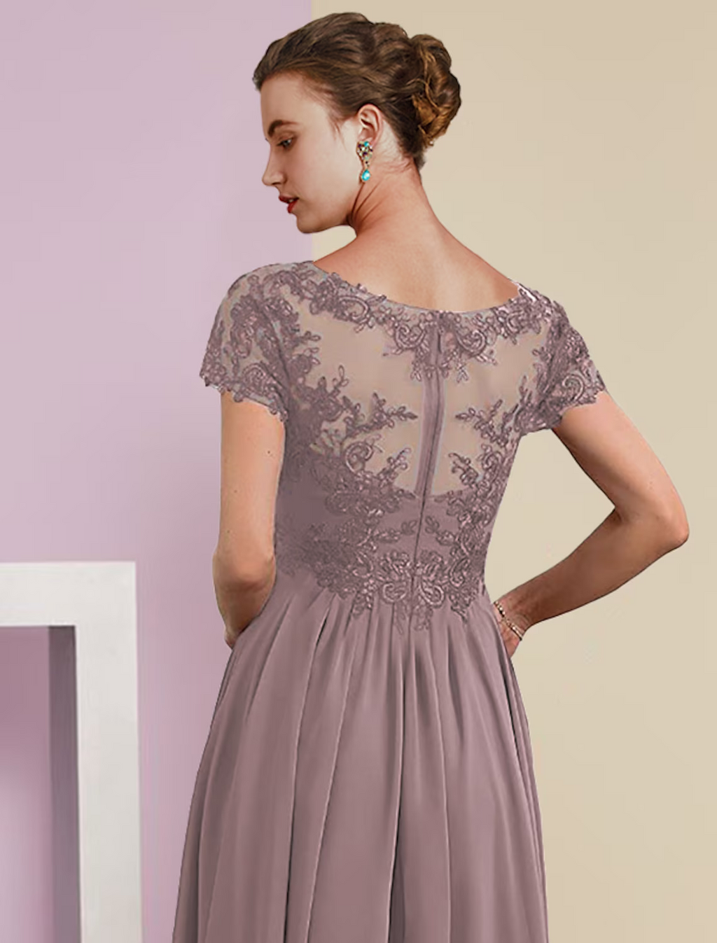 Two Piece A-Line Mother of the Bride Dress Formal Wedding Guest Elegant V Neck Length Short Sleeve Wrap Included with Pleats Appliques