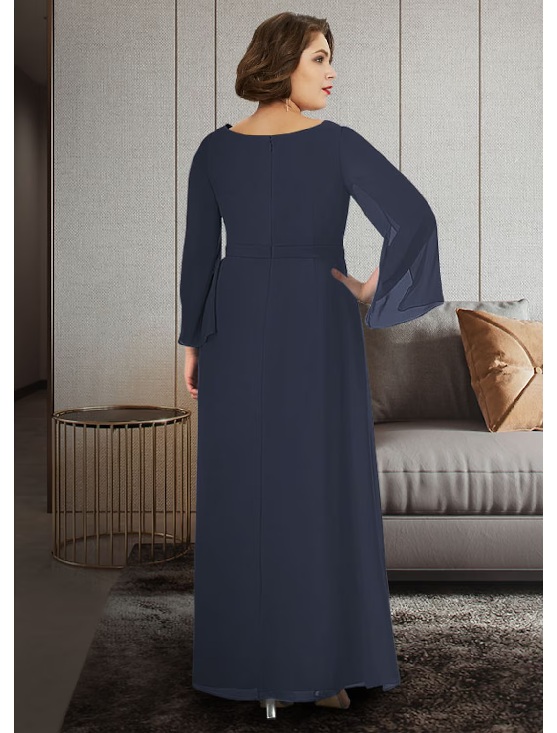 Mother of the Bride Dress Plus Size Elegant V Neck Ankle Length Sleeve with Ruching