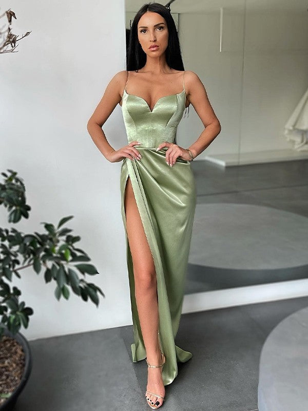 Sheath/Column Elastic Woven Ruched V-neck Sleeveless Sweep/Brush Train Dresses