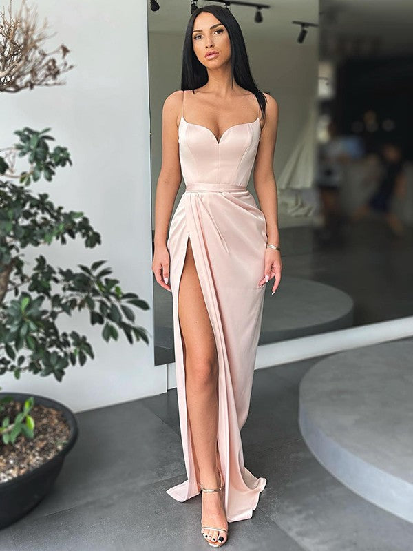 Sheath/Column Elastic Woven Ruched V-neck Sleeveless Sweep/Brush Train Dresses