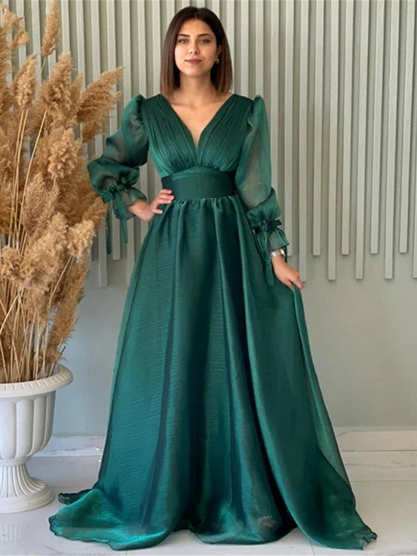 A-Line/Princess Ruched V-neck Long Sleeves Sweep/Brush Train Dresses