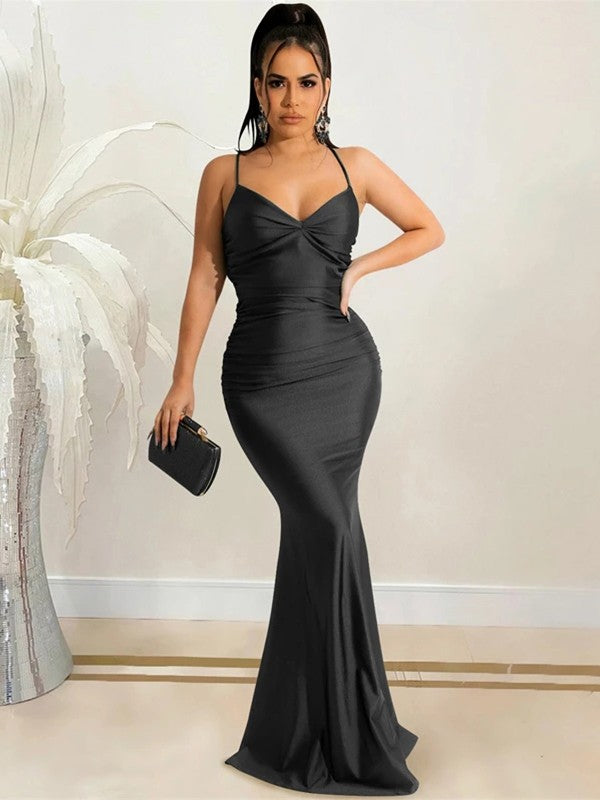 Sheath/Column NS Elastic Woven Ruched V-neck Sleeveless Sweep/Brush Train Dresses