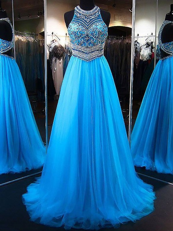 A-Line/Princess Jewel Sleeveless Sweep/Brush Train Beading Dresses
