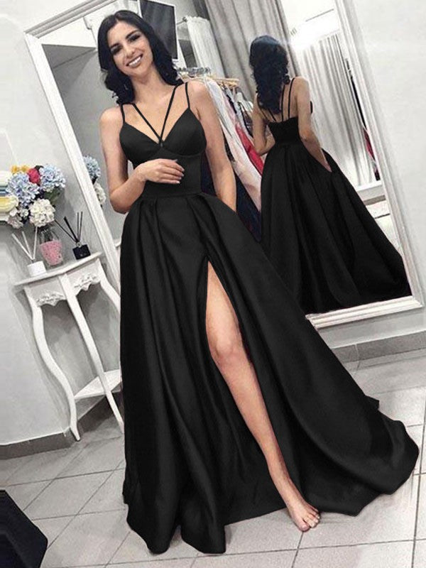 A-Line/Princess Sleeveless Spaghetti Straps Sweep/Brush Train Ruffles Dresses