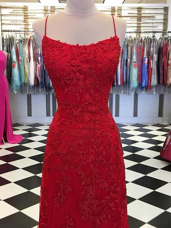 A-Line/Princess Applique Spaghetti Straps Sleeveless Sweep/Brush Train Dresses