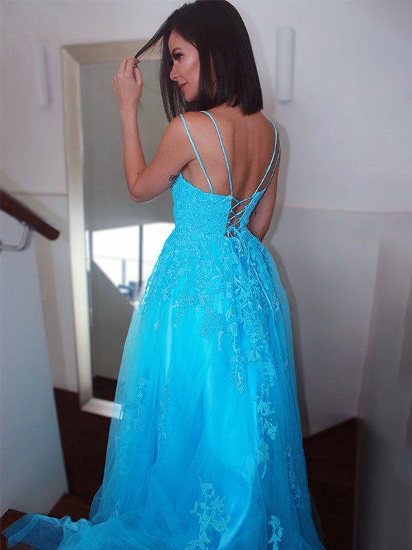 A-Line/Princess Spaghetti Straps Sleeveless Applique Sweep/Brush Train Dresses
