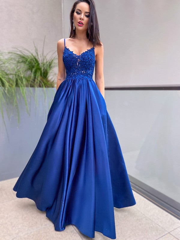 A-Line/Princess Applique Spaghetti Straps Sleeveless Floor-Length Dresses