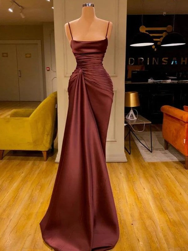 Sheath/Column Elastic Woven Ruched Spaghetti Straps Sleeveless Sweep/Brush Train Dresses