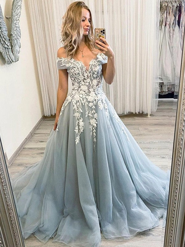 A-Line/Princess Applique Off-the-Shoulder Sleeveless Sweep/Brush Train Dresses