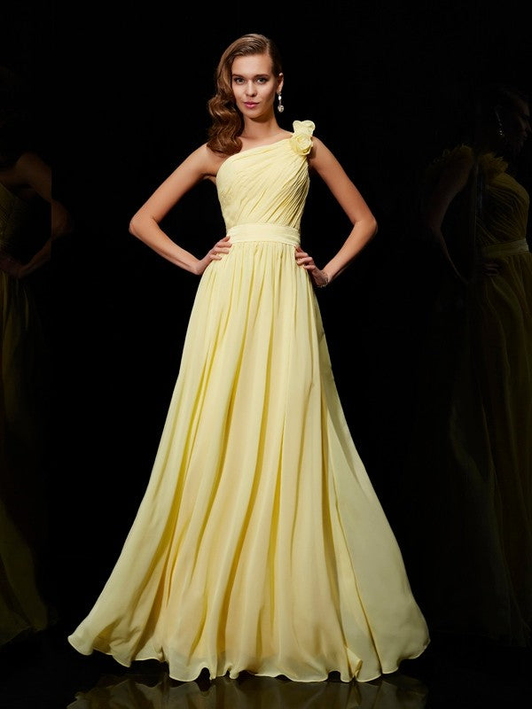 A-Line/Princess One-Shoulder Sleeveless Hand-Made Flower Long Bridesmaid Dresses