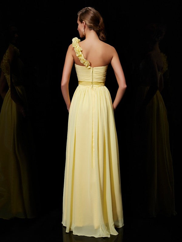 A-Line/Princess One-Shoulder Sleeveless Hand-Made Flower Long Bridesmaid Dresses