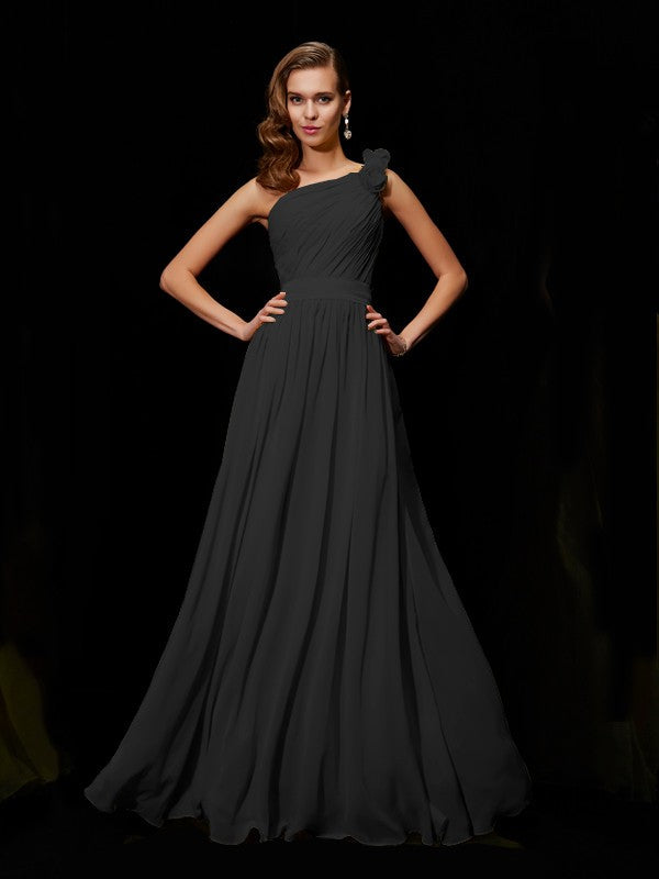 A-Line/Princess One-Shoulder Sleeveless Hand-Made Flower Long Bridesmaid Dresses