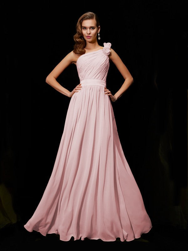 A-Line/Princess One-Shoulder Sleeveless Hand-Made Flower Long Bridesmaid Dresses