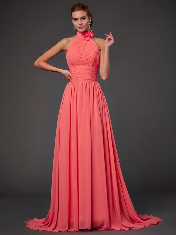 A-Line/Princess Halter Sleeveless Hand-Made Flower Long Bridesmaid Dresses