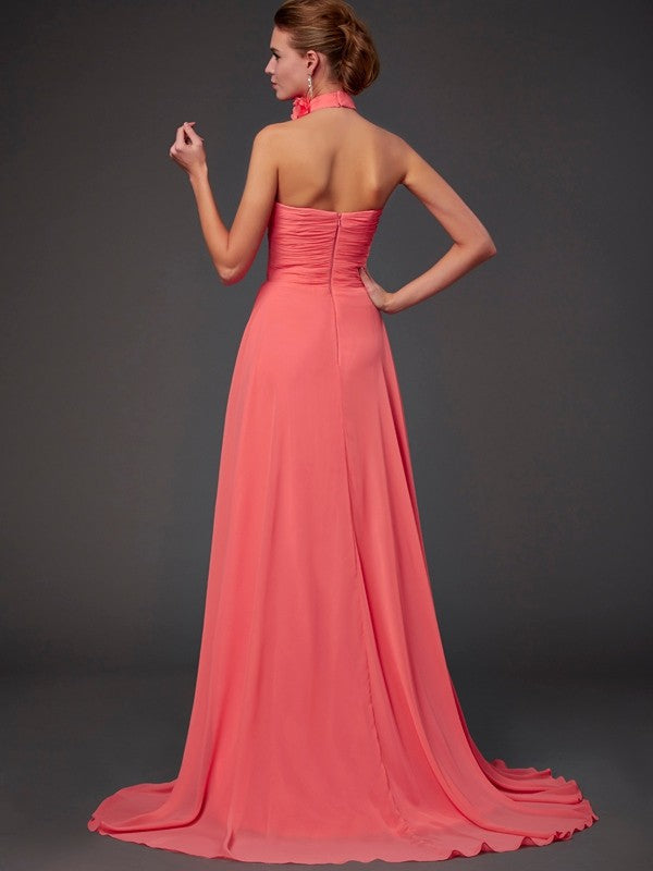 A-Line/Princess Halter Sleeveless Hand-Made Flower Long Bridesmaid Dresses