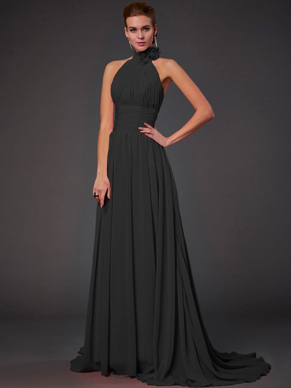A-Line/Princess Halter Sleeveless Hand-Made Flower Long Bridesmaid Dresses