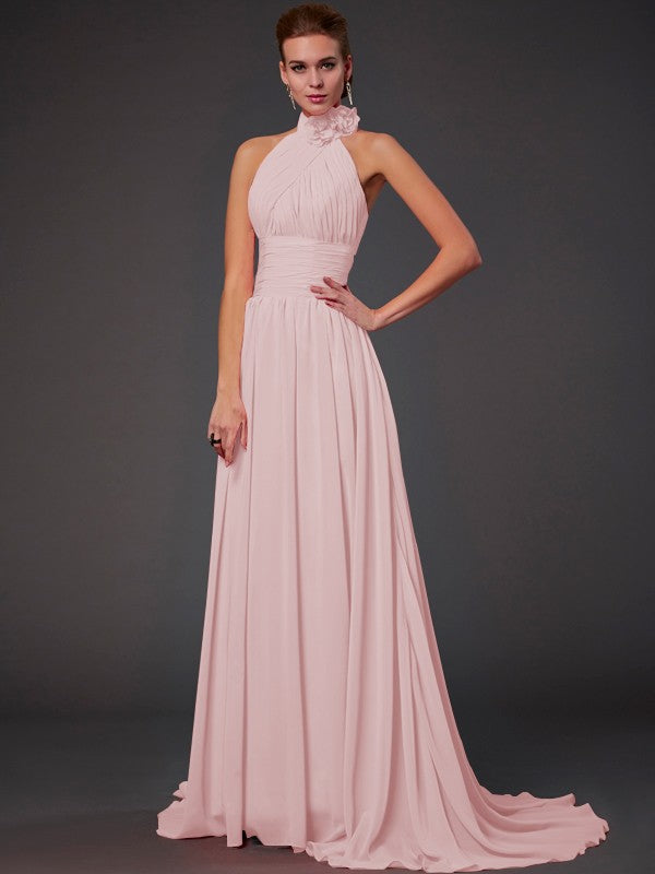 A-Line/Princess Halter Sleeveless Hand-Made Flower Long Bridesmaid Dresses