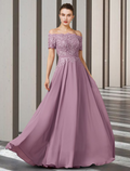 Mother of the Bride Dress Elegant Off Shoulder Floor Length Short Sleeve with Appliques