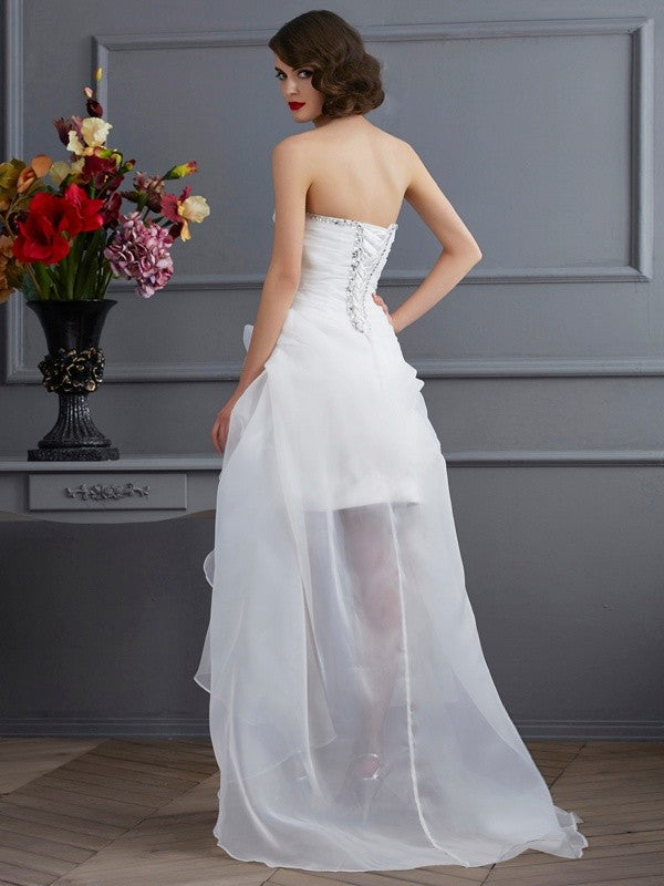 A-Line/Princess Sweetheart Sleeveless Beading High Low Wedding Dresses