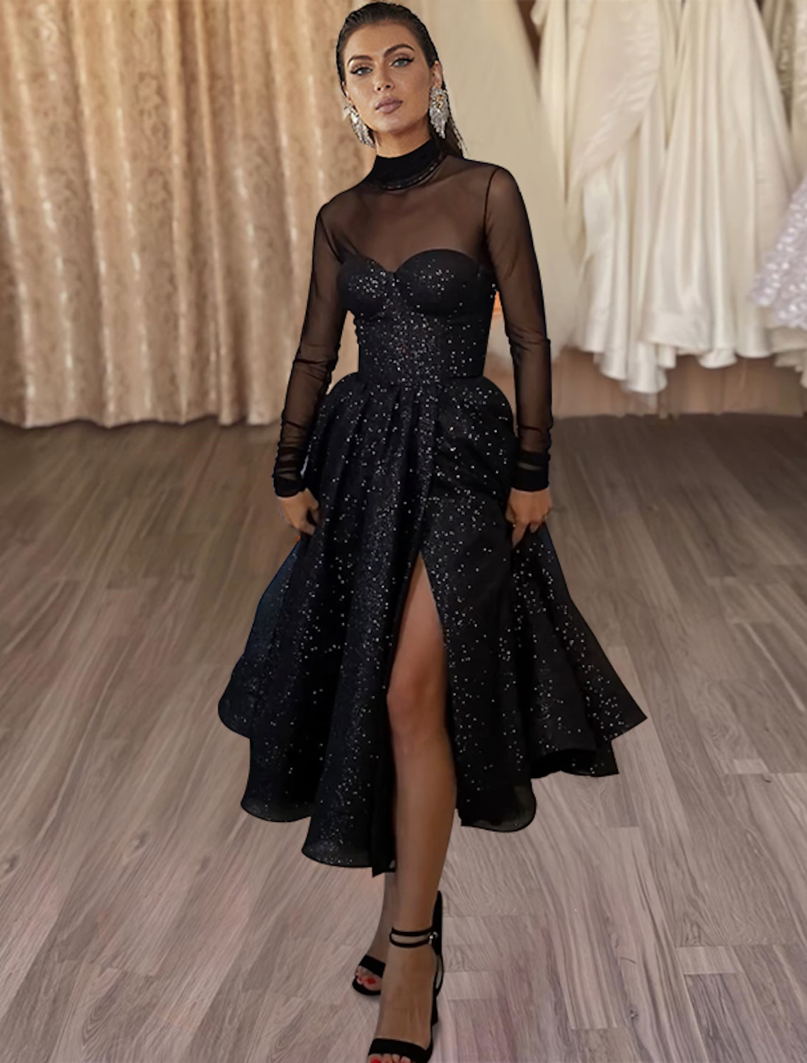 Cocktail Dresses Elegant Dress Party Wear Tea Length Long Sleeve High Neck Wednesday Addams Family with Glitter Slit