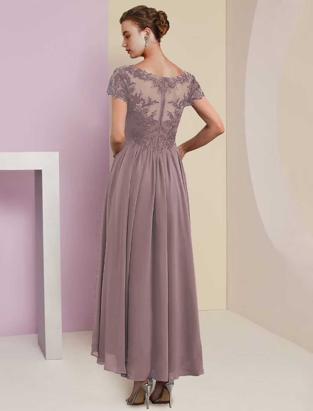 Two Piece A-Line Mother of the Bride Dress Formal Wedding Guest Elegant V Neck Length Short Sleeve Wrap Included with Pleats Appliques