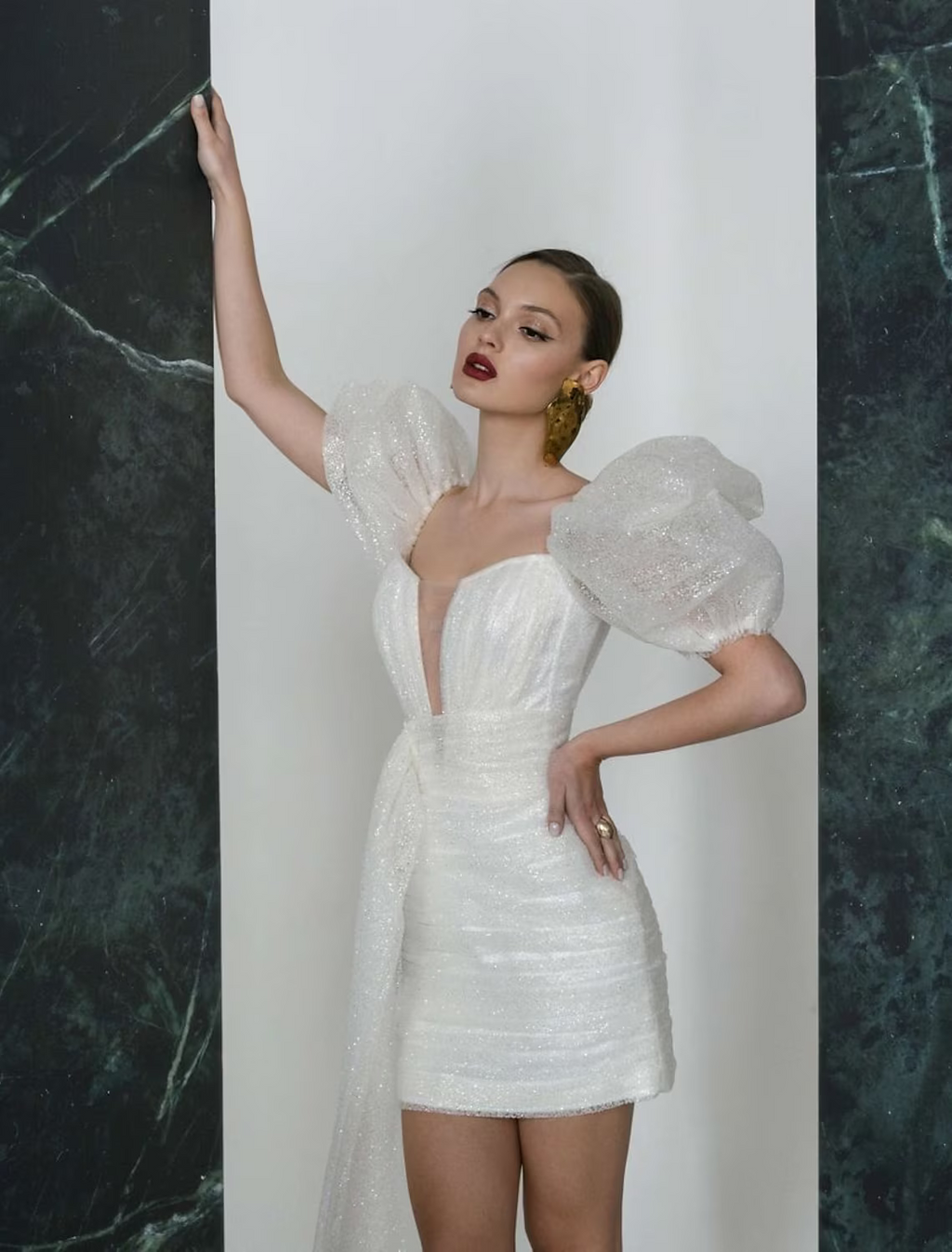 White Bridal Shower Sparkle Shine Little Dresses Wedding Dresses Short Sleeve Square With Ruched