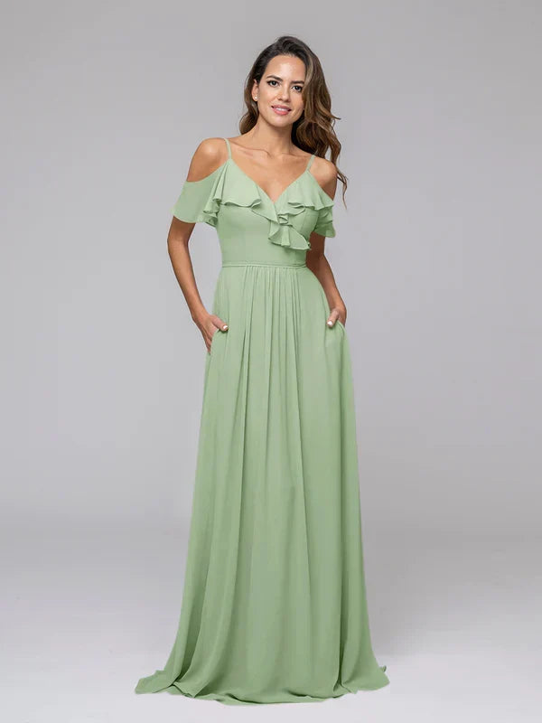 Cold Shoulder Open Back Ruffles Long Bridesmaid Dresses