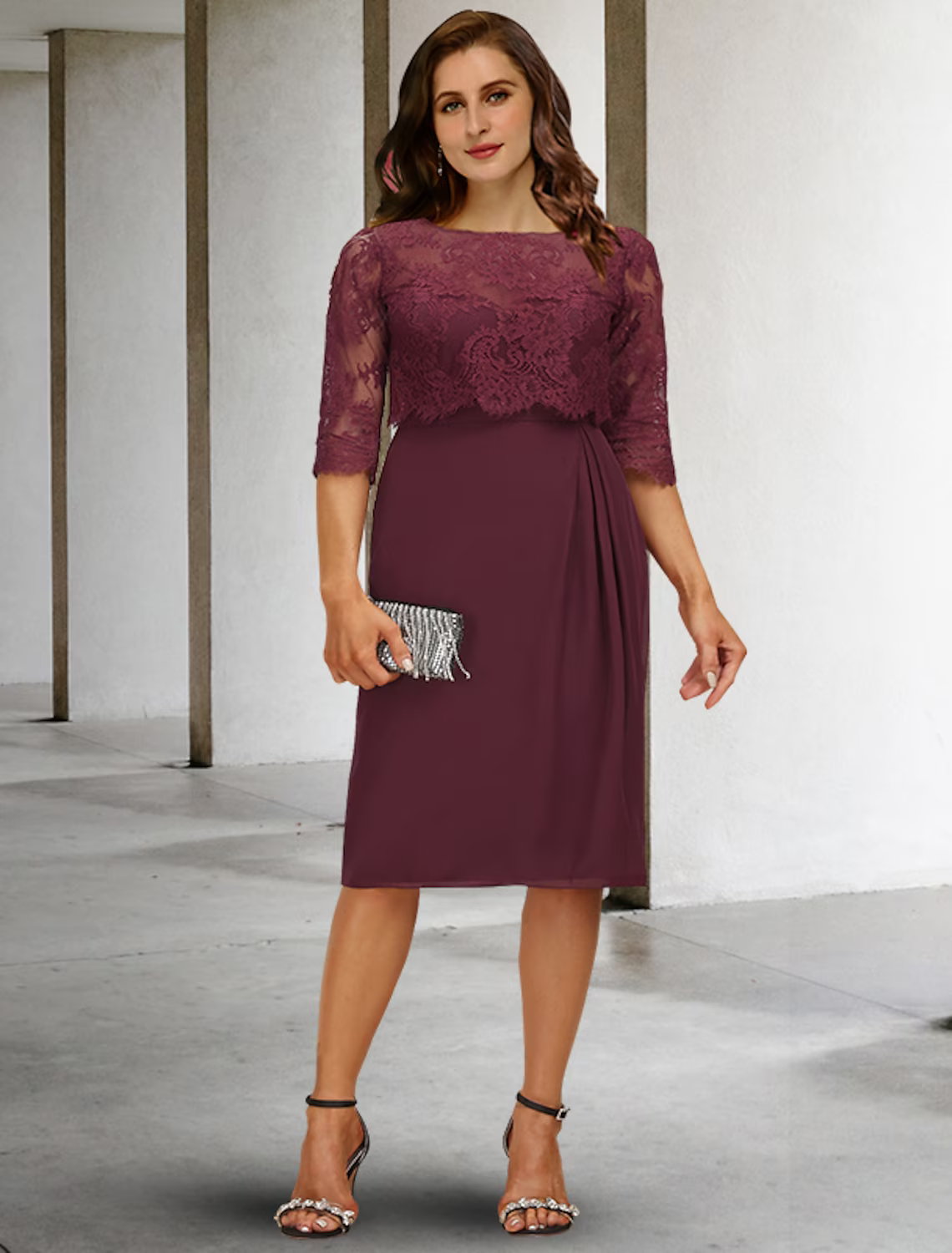 Plus Size Curve Mother of the Bride Dresses Vintage Dress Formal Knee Length Half Sleeve Jewel Neck with Pleats Appliques