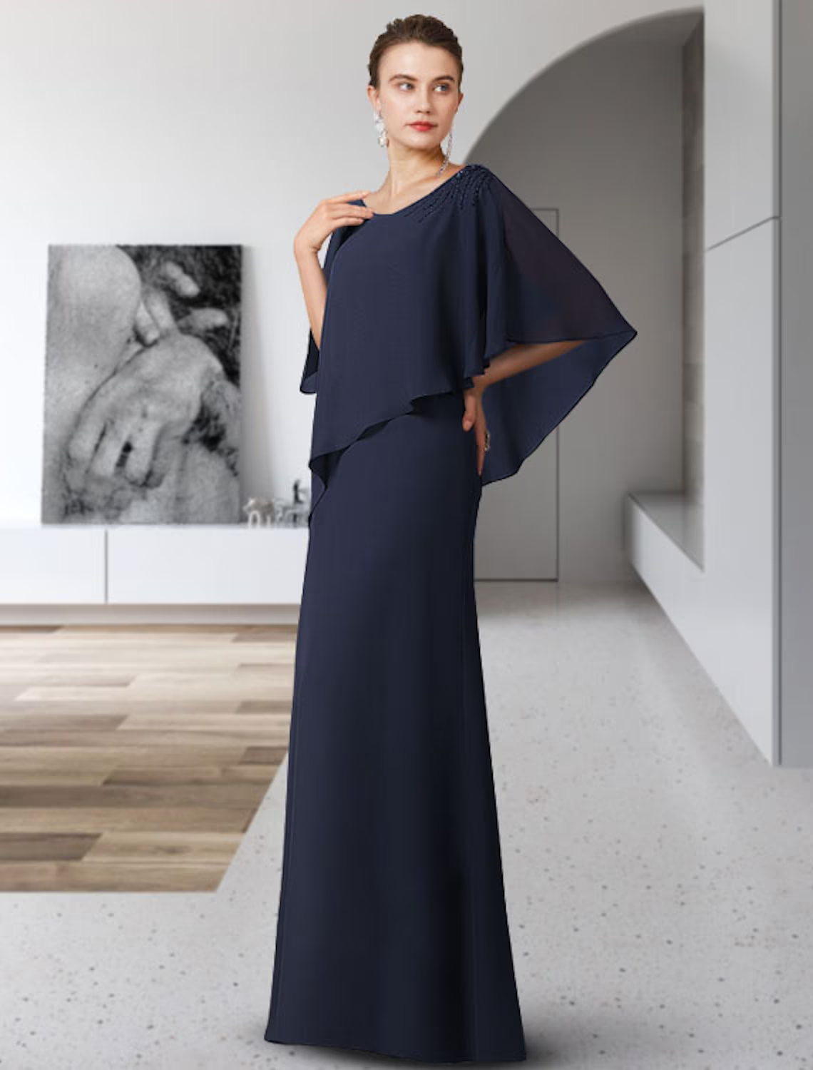 Mother of the Bride Dress Elegant V Neck Floor Length Half Sleeve with Ruffles